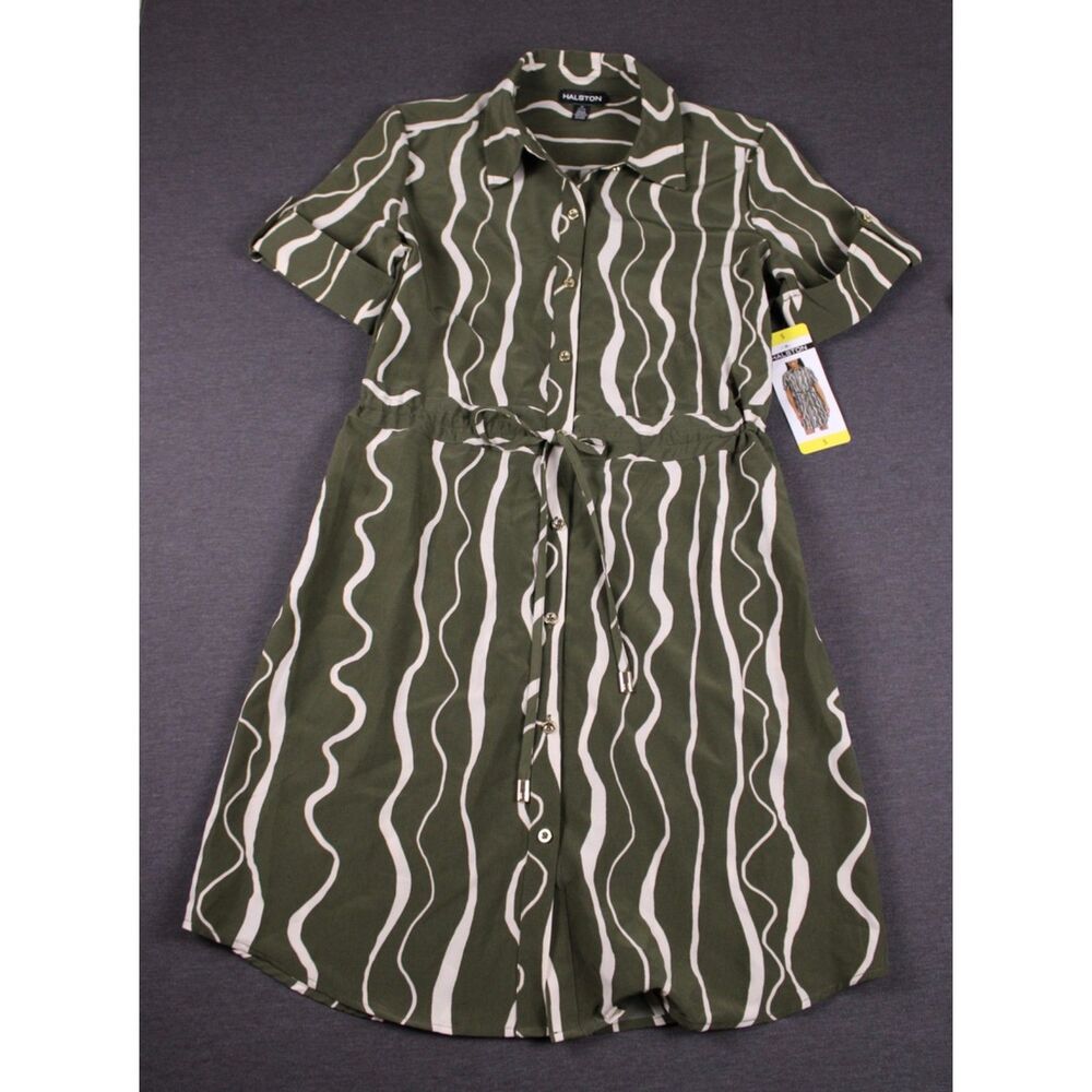 Halston NWT Sage Wave Abstract Print Utility Shirt Dress Size Small